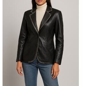 Tony Lama Genuine Leather Blazer Jacket Women’s L  Western Snake Trim Black Coat